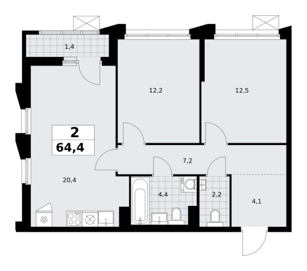 Новая 2-к квартира
 64.4 м² на 3/13 этаже в ЖК «Деснаречье» в городе Тюмень 