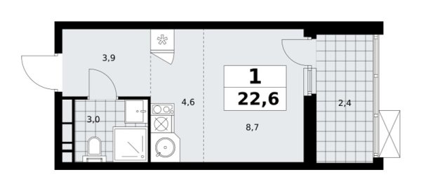 Новая 1-к квартира
 22.6 м² на 13/18 этаже в ЖК «Скандинавия» в городе Тюмень 