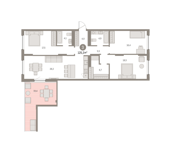 Новая 3-к квартира
 125.26 м² на 9/16 этаже в ЖК «Шишимская горка» в городе Тюмень 
