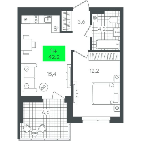 Новая 1-к квартира
 42.25 м² на 6/22 этаже в ЖК «Гранд Квартал» в городе Тюмень 