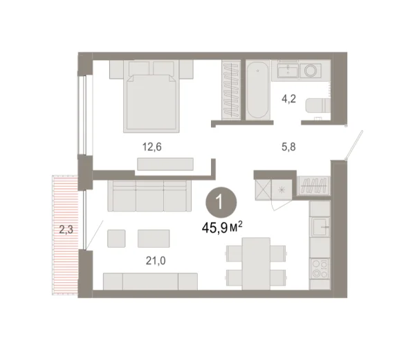Новая 1-к квартира
 45.93 м² на 13/17 этаже в ЖК «Октябрьский на Туре» в городе Тюмень 