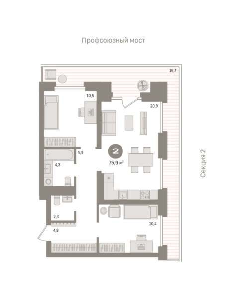 Новая 2-к квартира
 75.9 м² на 5/9 этаже в ЖК «Речной порт» в городе Тюмень 