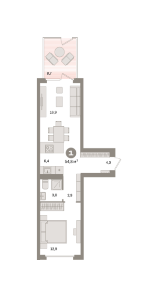 Новая 1-к квартира
 54.82 м² на 2/9 этаже в ЖК «Квартал «Депо»» в городе Тюмень 