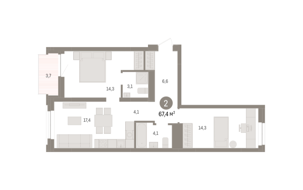 Новая 2-к квартира
 67.5 м² на 4/10 этаже в ЖК «Речной порт» в городе Тюмень 