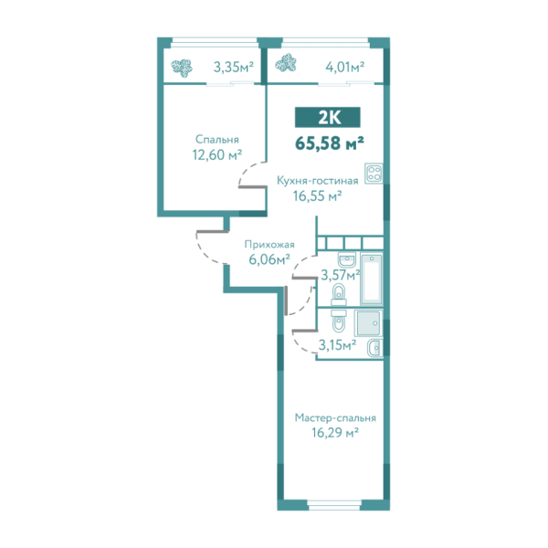 Новая 2-к квартира
 65.58 м² на 4/10 этаже в ЖК «Акватория» в городе Тюмень 