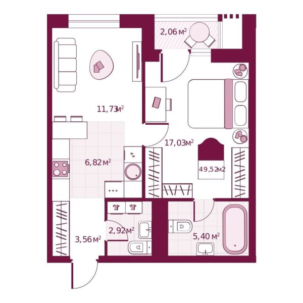 Новая 1-к квартира
 49.52 м² на 2/6 этаже в ЖК «Secret Place» в городе Тюмень 