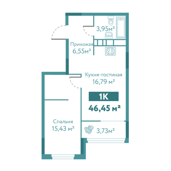 Новая 1-к квартира
 46.45 м² на 7/10 этаже в ЖК «Акватория» в городе Тюмень 