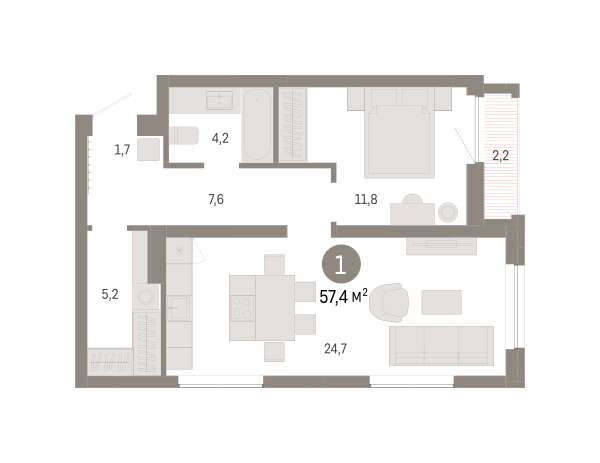 Новая 1-к квартира
 57.35 м² на 13/16 этаже в ЖК «Южные кварталы» в городе Тюмень 