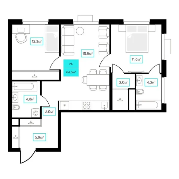 Новая 2-к квартира
 64.5 м² на 11/23 этаже в ЖК «Futuro» в городе Тюмень 