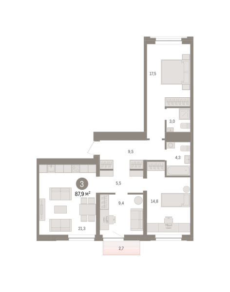 Новая 3-к квартира
 87.9 м² на 4/10 этаже в ЖК «Речной порт» в городе Тюмень 