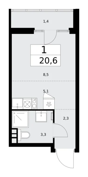 Новая 1-к квартира
 20.6 м² на 9/15 этаже в ЖК «Деснаречье» в городе Тюмень 