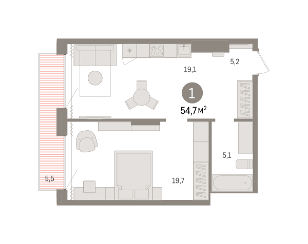 Новая 1-к квартира
 54.65 м² на 16/17 этаже в ЖК «Октябрьский на Туре» в городе Тюмень 