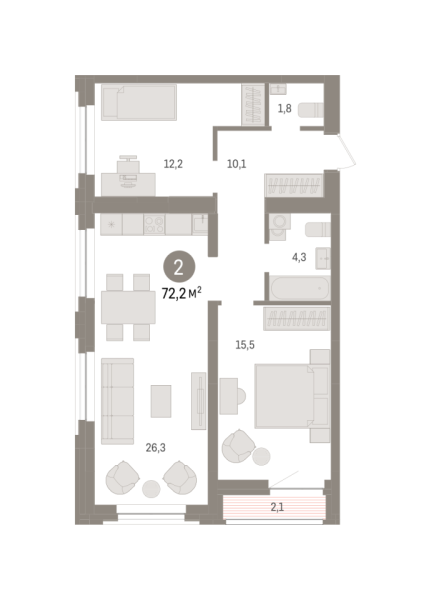 Новая 2-к квартира
 72.2 м² на 3/7 этаже в ЖК «Речной порт» в городе Тюмень 