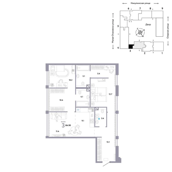 Новая 3-к квартира
 84.9 м² на 9/30 этаже в ЖК «Страна.Озёрная» в городе Тюмень 