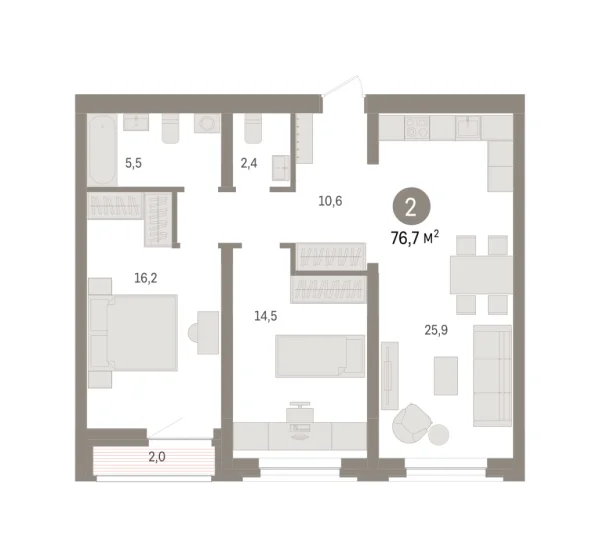 Новая 2-к квартира
 76.7 м² на 7/8 этаже в ЖК «Речной порт» в городе Тюмень 