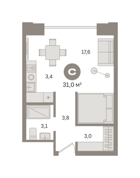 Новая квартира-студия
 30.94 м² на 15/17 этаже в ЖК «Гудзон» в городе Тюмень 