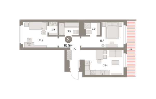 Новая 2-к квартира
 62.45 м² на 8/9 этаже в ЖК «Брусника в Академическом» в городе Тюмень 