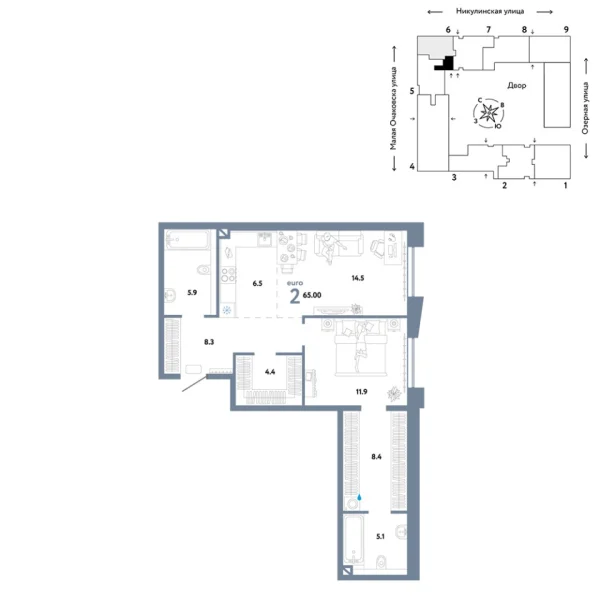 Новая 2-к квартира
 65 м² на 7/30 этаже в ЖК «Страна.Озёрная» в городе Тюмень 