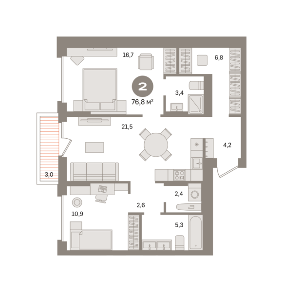 Новая 2-к квартира
 76.79 м² на 6/17 этаже в ЖК «Первый квартал» в городе Тюмень 