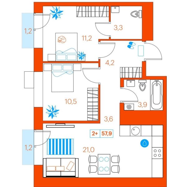 Новая 2-к квартира
 57.9 м² на 7/22 этаже в ЖК «SuperSky» в городе Тюмень 
