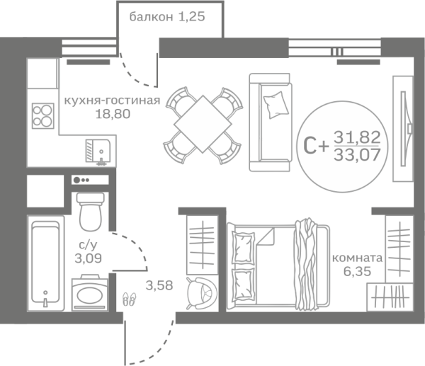 Новая квартира-студия
 31.82 м² на 9/17 этаже в ЖК «Меридиан ЮГ» в городе Тюмень 