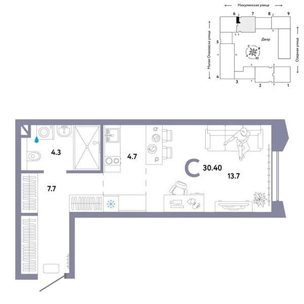 Новая квартира-студия
 30.4 м² на 28/30 этаже в ЖК «Страна.Озёрная» в городе Тюмень 