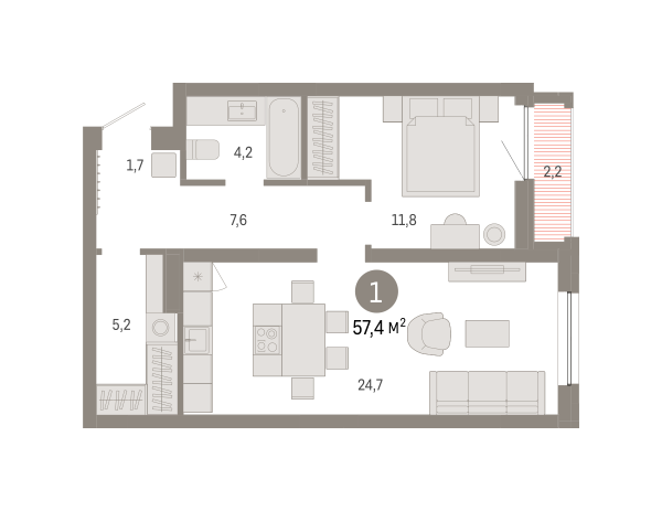 Новая 1-к квартира
 57.35 м² на 11/16 этаже в ЖК «Южные кварталы» в городе Тюмень 