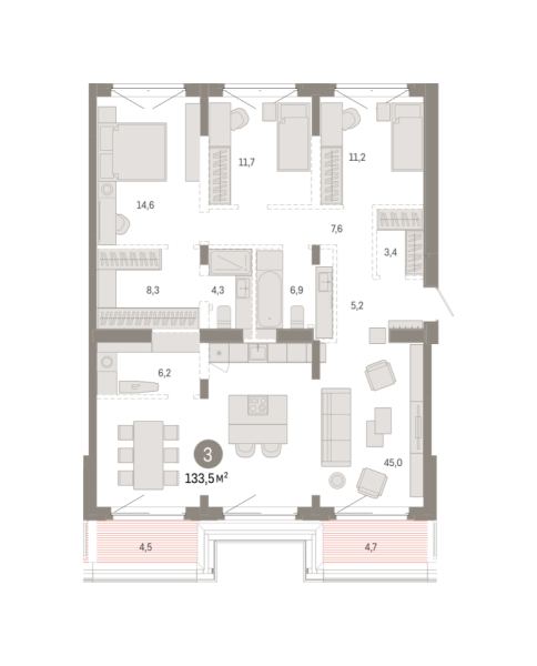 Новая 3-к квартира
 133.46 м² на 7/7 этаже в ЖК «Кварталы «На Минской»» в городе Тюмень 