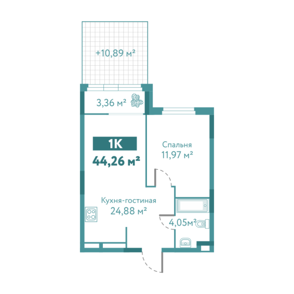 Новая 1-к квартира
 44.26 м² на 1/10 этаже в ЖК «Акватория» в городе Тюмень 