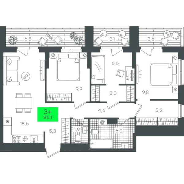 Новая 3-к квартира
 85.15 м² на 7/22 этаже в ЖК «Гранд Квартал» в городе Тюмень 