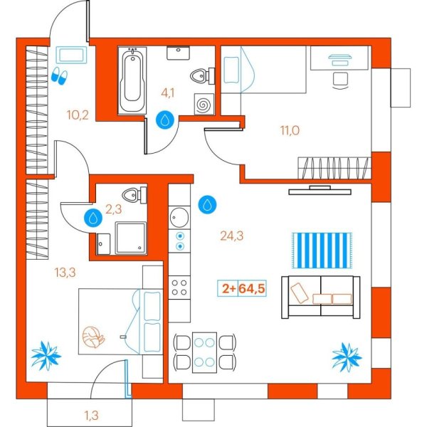 Новая 2-к квартира
 64.5 м² на 9/22 этаже в ЖК «SuperSky» в городе Тюмень 