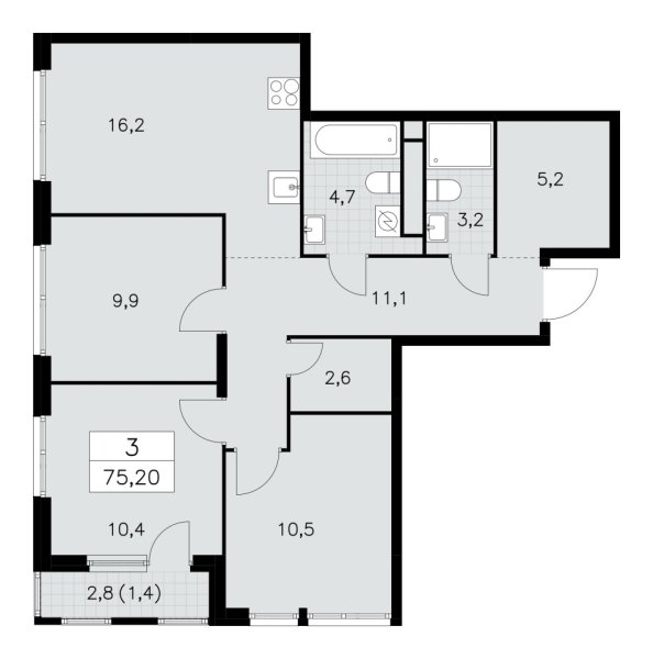 Новая 3-к квартира
 75.2 м² на 25/30 этаже в ЖК «Южные сады» в городе Тюмень 