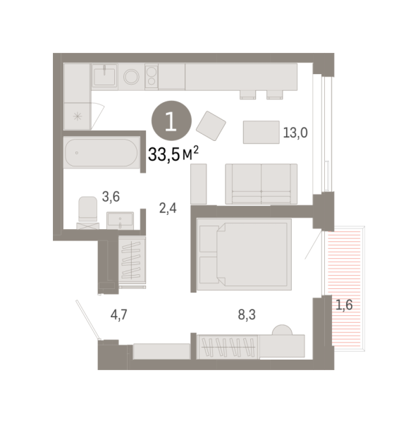 Новая 1-к квартира
 33.53 м² на 20/25 этаже в ЖК «Зарека» в городе Тюмень 