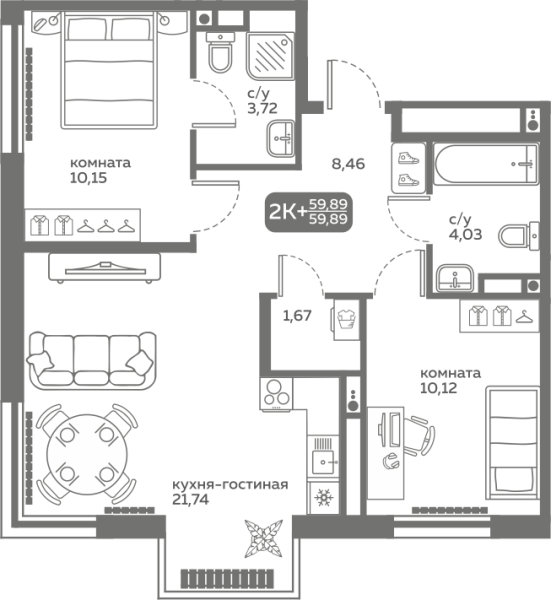 Новая 2-к квартира
 59.64 м² на 13/20 этаже в ЖК «Меридиан Слобода» в городе Тюмень 