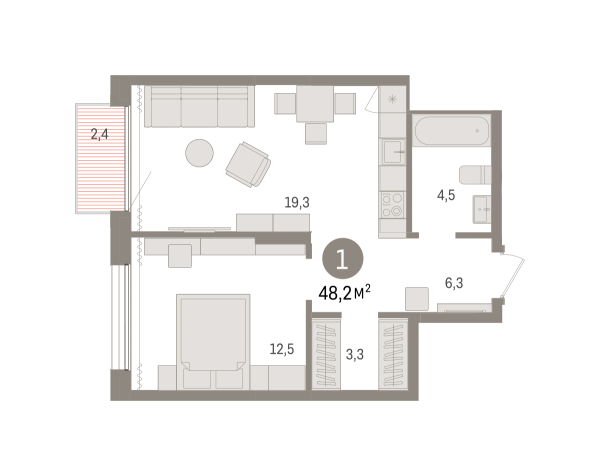 Новая 1-к квартира
 48.16 м² на 14/17 этаже в ЖК «Октябрьский на Туре» в городе Тюмень 