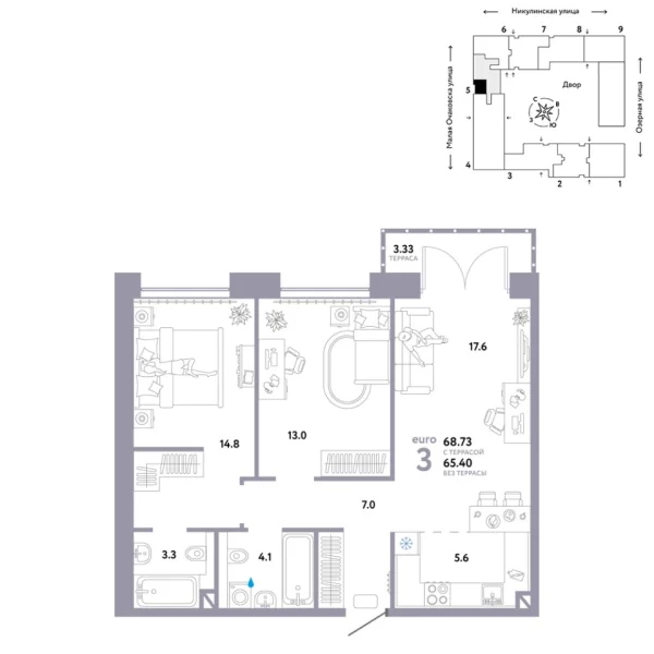 Новая 3-к квартира
 68.73 м² на 8/30 этаже в ЖК «Страна.Озёрная» в городе Тюмень 
