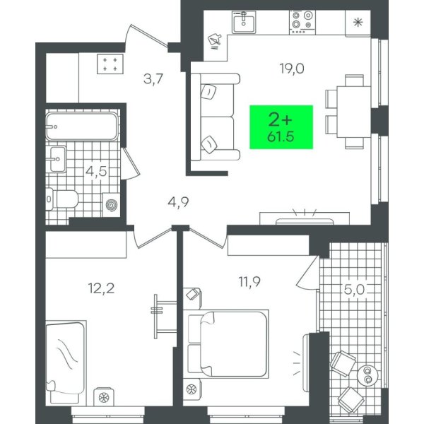 Новая 2-к квартира
 61.57 м² на 12/22 этаже в ЖК «Гранд Квартал» в городе Тюмень 