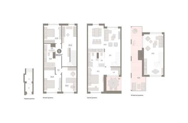 Новая 4-к квартира
 223.03 м² на 2/2 этаже в ЖК «Европейский квартал» в городе Тюмень 