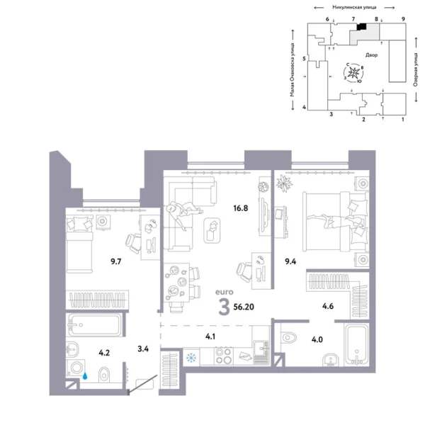Новая 3-к квартира
 56.2 м² на 2/30 этаже в ЖК «Страна.Озёрная» в городе Тюмень 