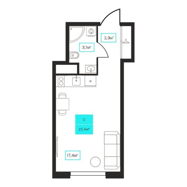 Новая квартира-студия
 23.4 м² на 12/23 этаже в ЖК «Futuro» в городе Тюмень 