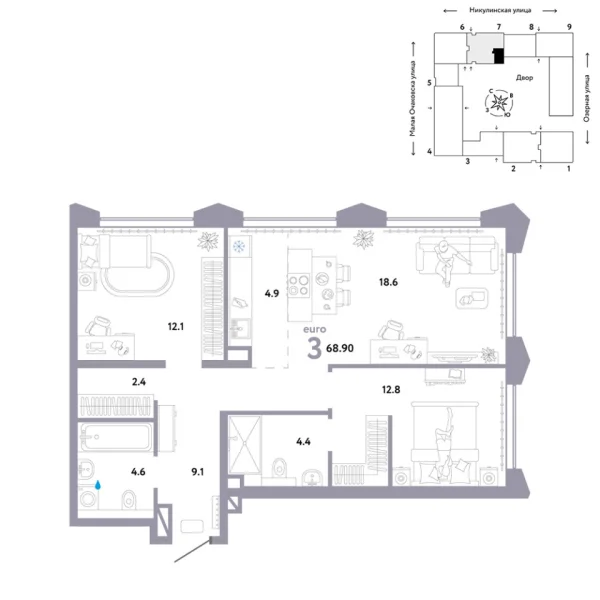 Новая 3-к квартира
 68.9 м² на 24/30 этаже в ЖК «Страна.Озёрная» в городе Тюмень 
