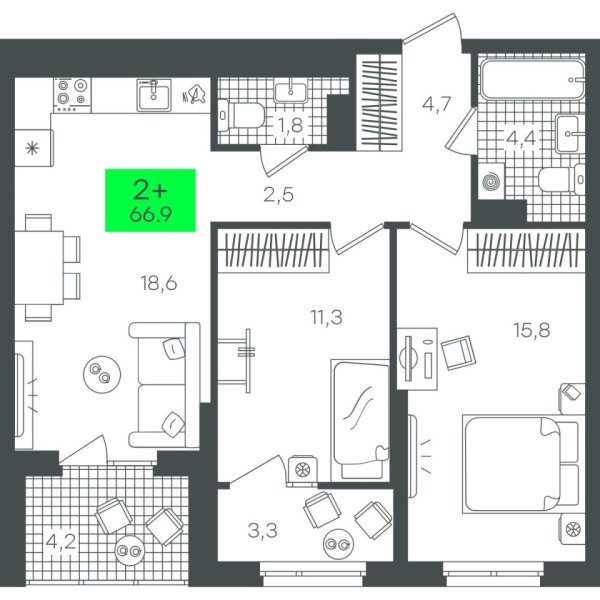 Новая 2-к квартира
 66.91 м² на 17/22 этаже в ЖК «Гранд Квартал» в городе Тюмень 