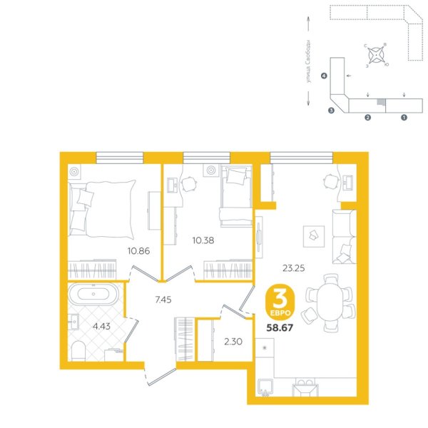 Новая 3-к квартира
 58.67 м² на 5/5 этаже в ЖК «Счастье» в городе Тюмень 