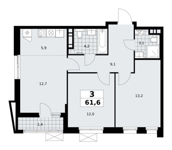 Новая 3-к квартира
 61.6 м² на 14/17 этаже в ЖК «Прокшино» в городе Тюмень 