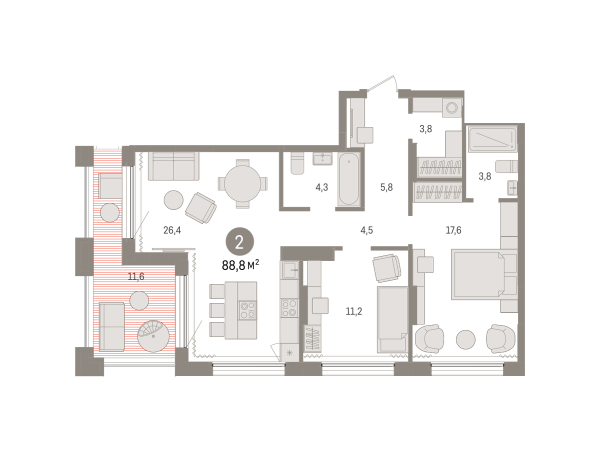 Новая 2-к квартира
 88.78 м² на 17/17 этаже в ЖК «Октябрьский на Туре» в городе Тюмень 
