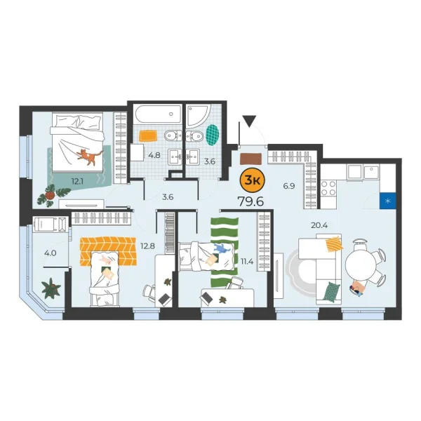 Новая 3-к квартира
 79.6 м² на 6/14 этаже в ЖК «Корней» в городе Тюмень 
