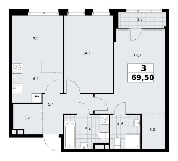 Новая 3-к квартира
 69.5 м² на 3/16 этаже в ЖК «Дом на Зорге» в городе Тюмень 