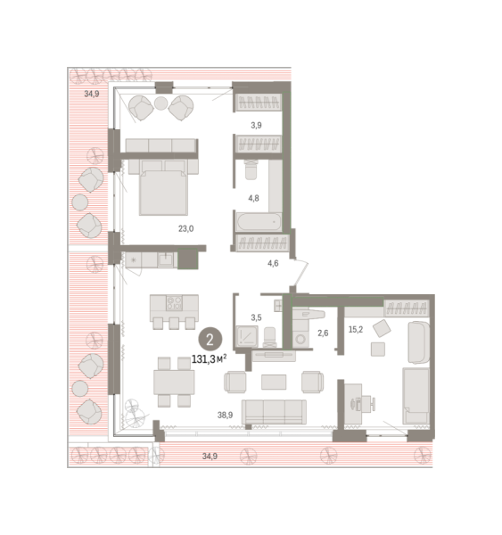 Новая 2-к квартира
 131.34 м² на 11/11 этаже в ЖК «Новин» в городе Тюмень 