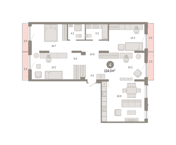 Новая 4-к квартира
 123.95 м² на 2/7 этаже в ЖК «Октябрьский на Туре» в городе Тюмень 