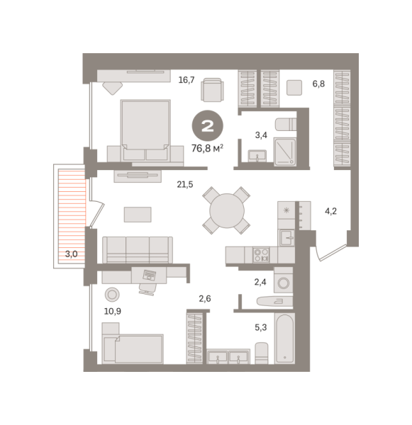 Новая 2-к квартира
 76.78 м² на 3/17 этаже в ЖК «Первый квартал» в городе Тюмень 